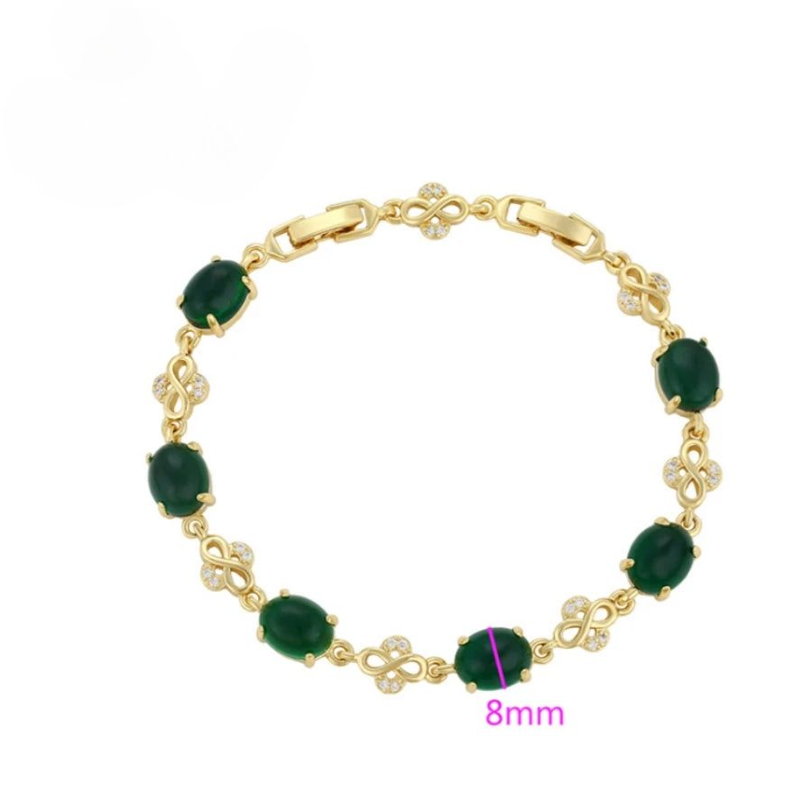Bracelet Femme Pierres Vertes Ovale Et Infini Doré