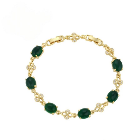 Bracelet Femme Pierres Vertes Ovale Et Infini Doré