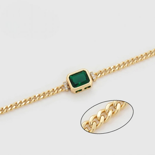 Bracelet Femme Doré Chaîne Gourmette Pierre Verte Carrée